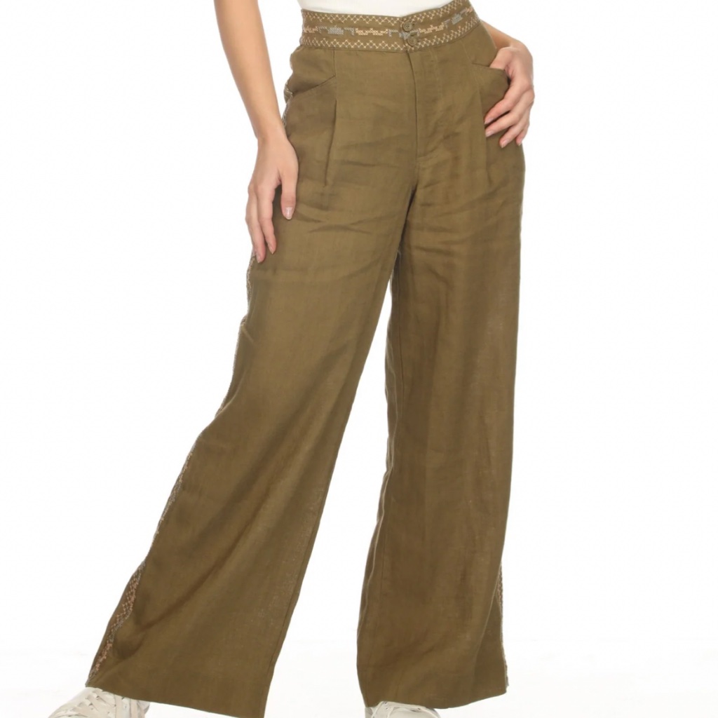 Johnny Was Bohemian 100% Linen Sage Wide Leg Embroidered Pants Sz S Nwt $300!!